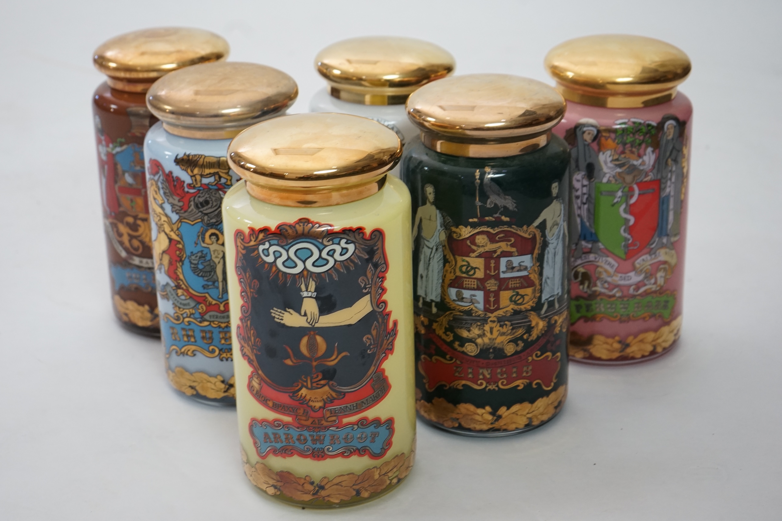 A set of six enamelled and gilt Specie jars, made for the National Pharmaceutical Association by Carlyle Fine Collections and designed by S. Wheaton, c.1990